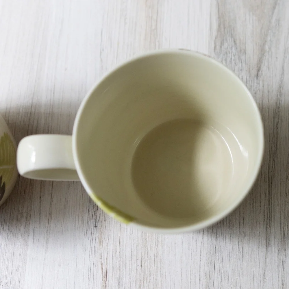 Set of 2 Crate and Barrel leaf mugs Barbara Eigen green gray brown 10 oz 3.25